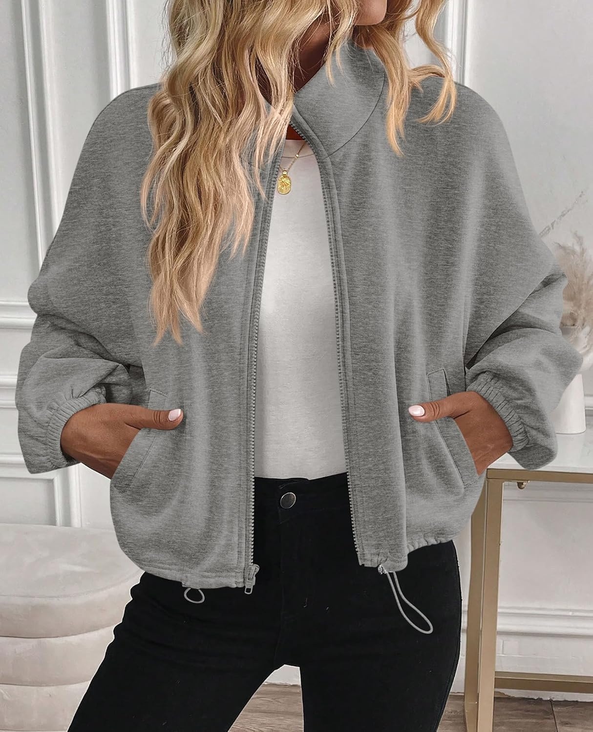 image:imagePRETTYGARDEN Womens Cropped Jacket Zip Up Fleece Sweatshirt Fall OutfitsGrey