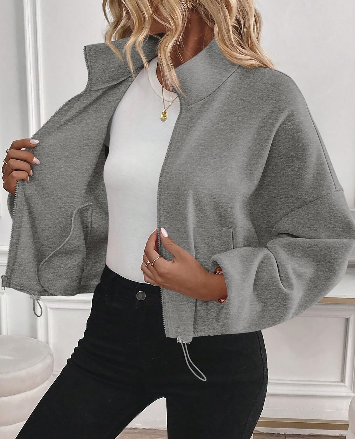 image:imagePRETTYGARDEN Womens Cropped Jacket Zip Up Fleece Sweatshirt Fall OutfitsGrey