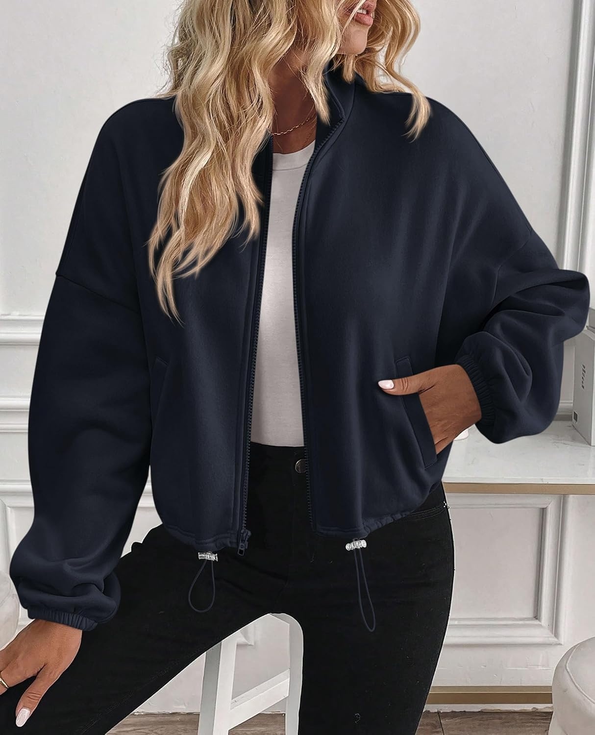 image:imagePRETTYGARDEN Womens Cropped Jacket Zip Up Fleece Sweatshirt Fall OutfitsNavy