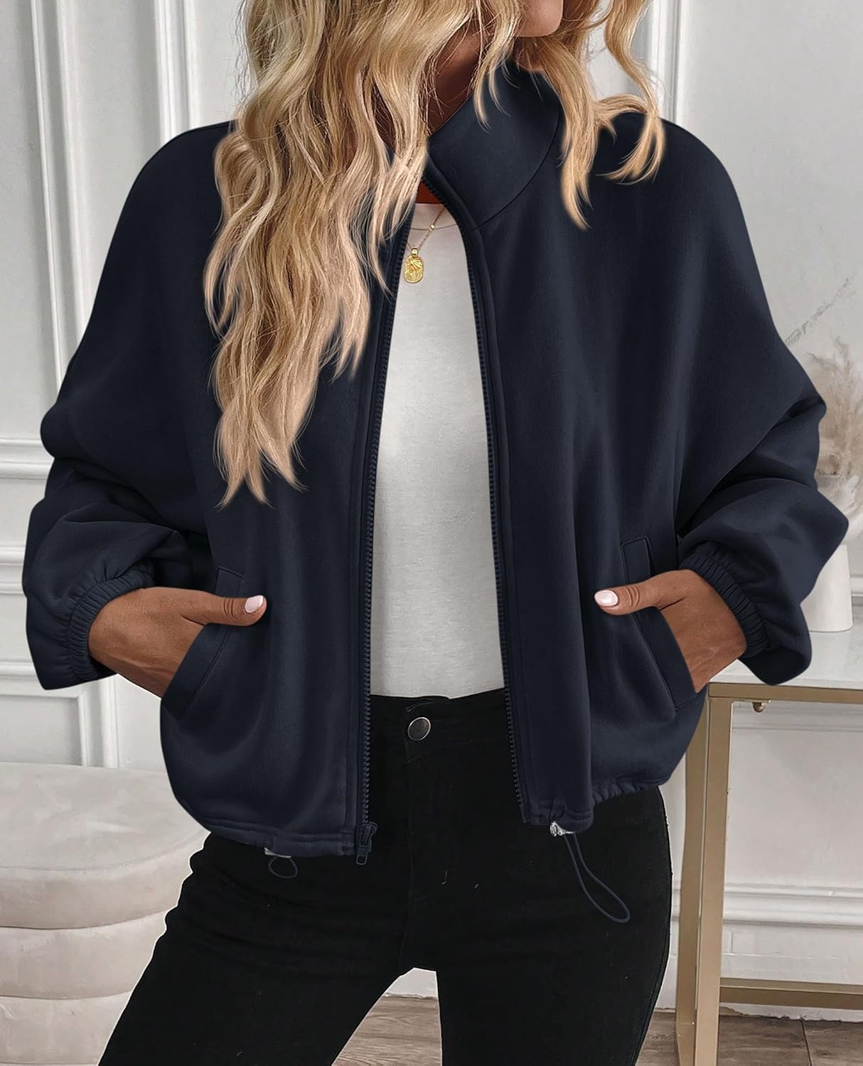 image:imagePRETTYGARDEN Womens Cropped Jacket Zip Up Fleece Sweatshirt Fall OutfitsNavy