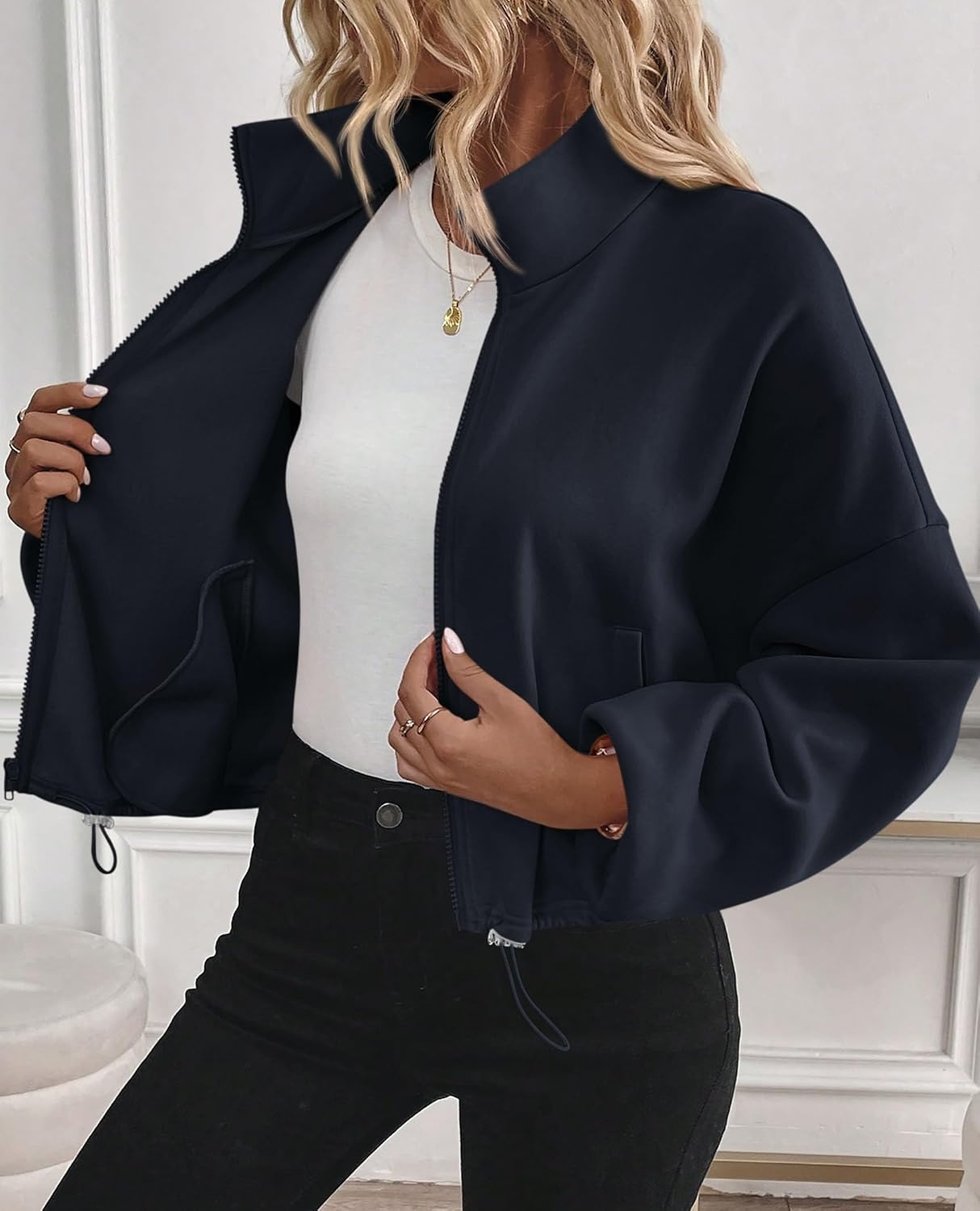 image:imagePRETTYGARDEN Womens Cropped Jacket Zip Up Fleece Sweatshirt Fall OutfitsNavy