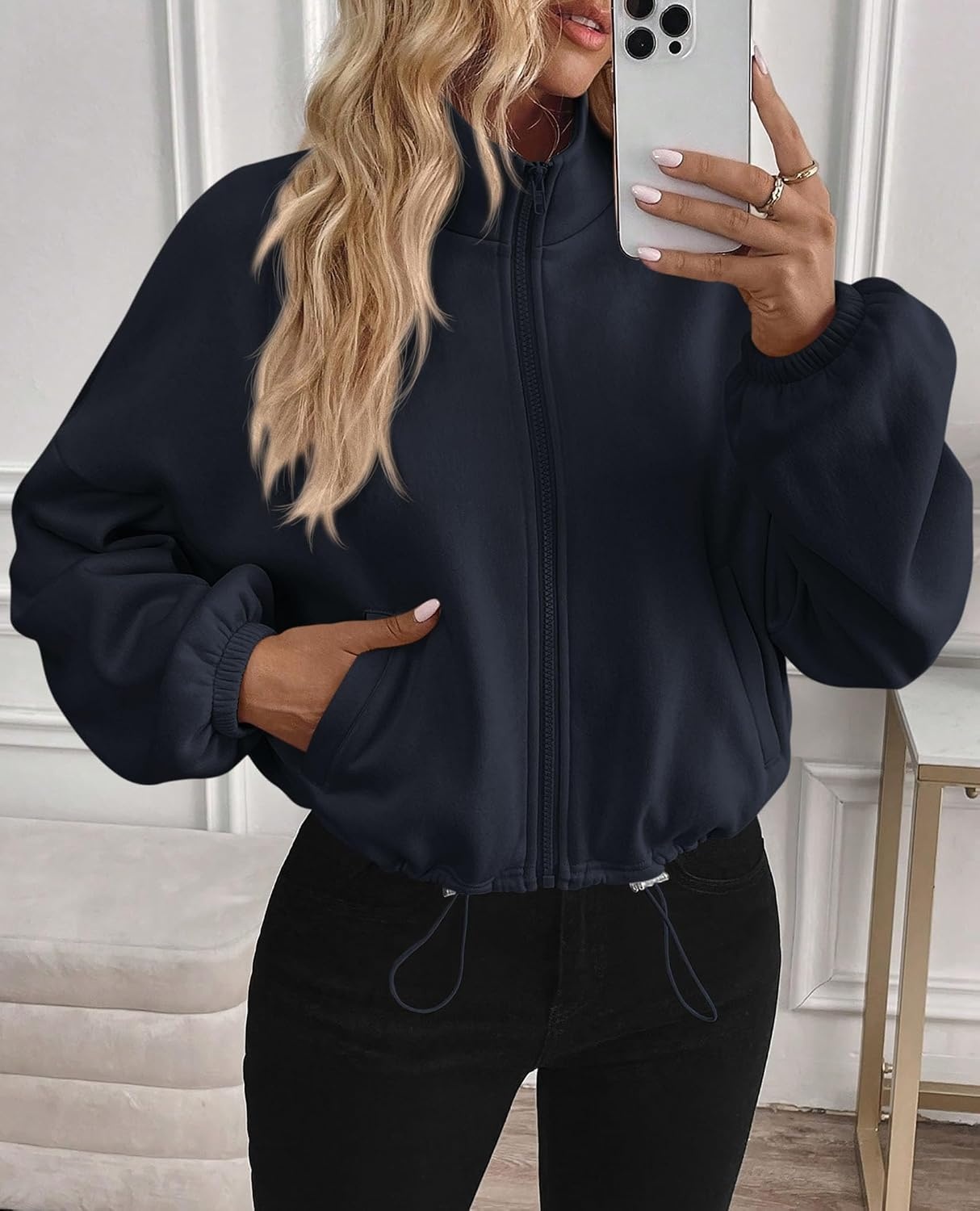image:imagePRETTYGARDEN Womens Cropped Jacket Zip Up Fleece Sweatshirt Fall OutfitsNavy