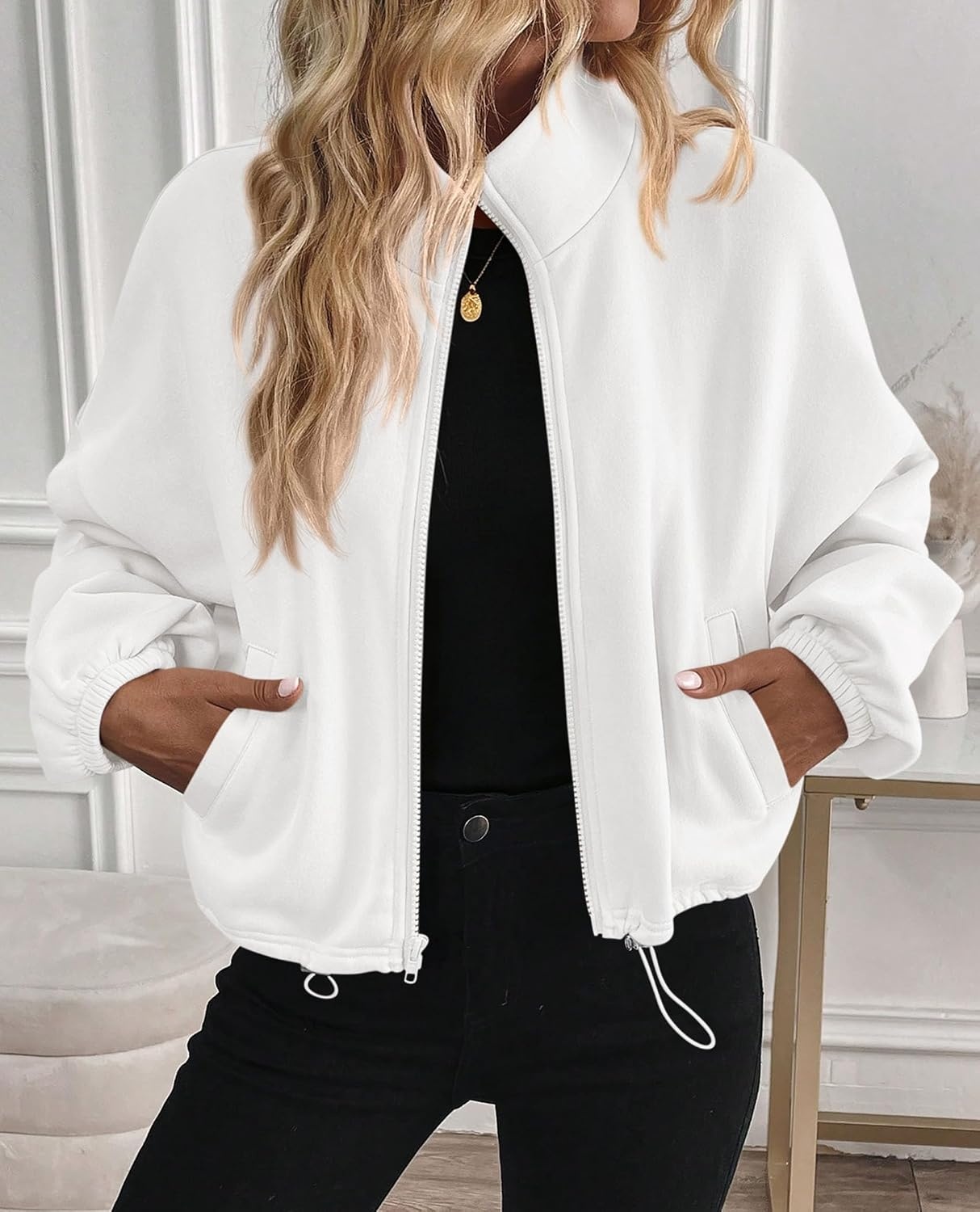 image:imagePRETTYGARDEN Womens Cropped Jacket Zip Up Fleece Sweatshirt Fall OutfitsWhite