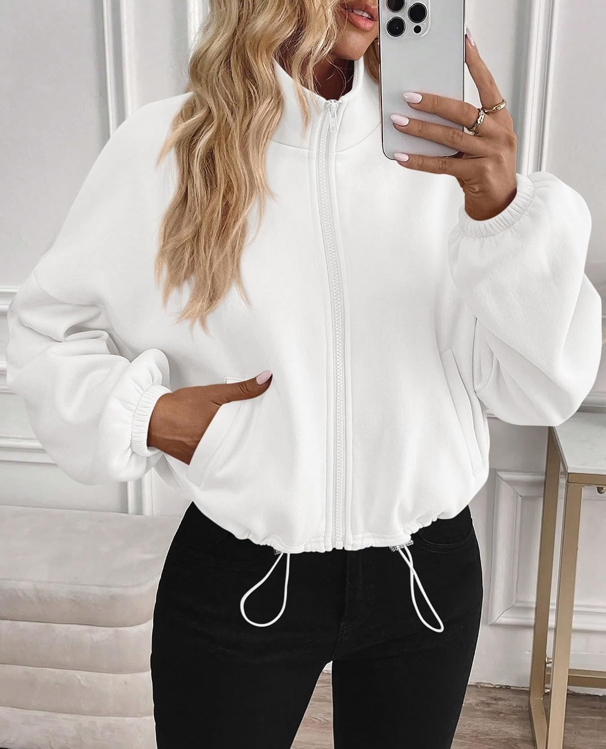 image:imagePRETTYGARDEN Womens Cropped Jacket Zip Up Fleece Sweatshirt Fall OutfitsWhite