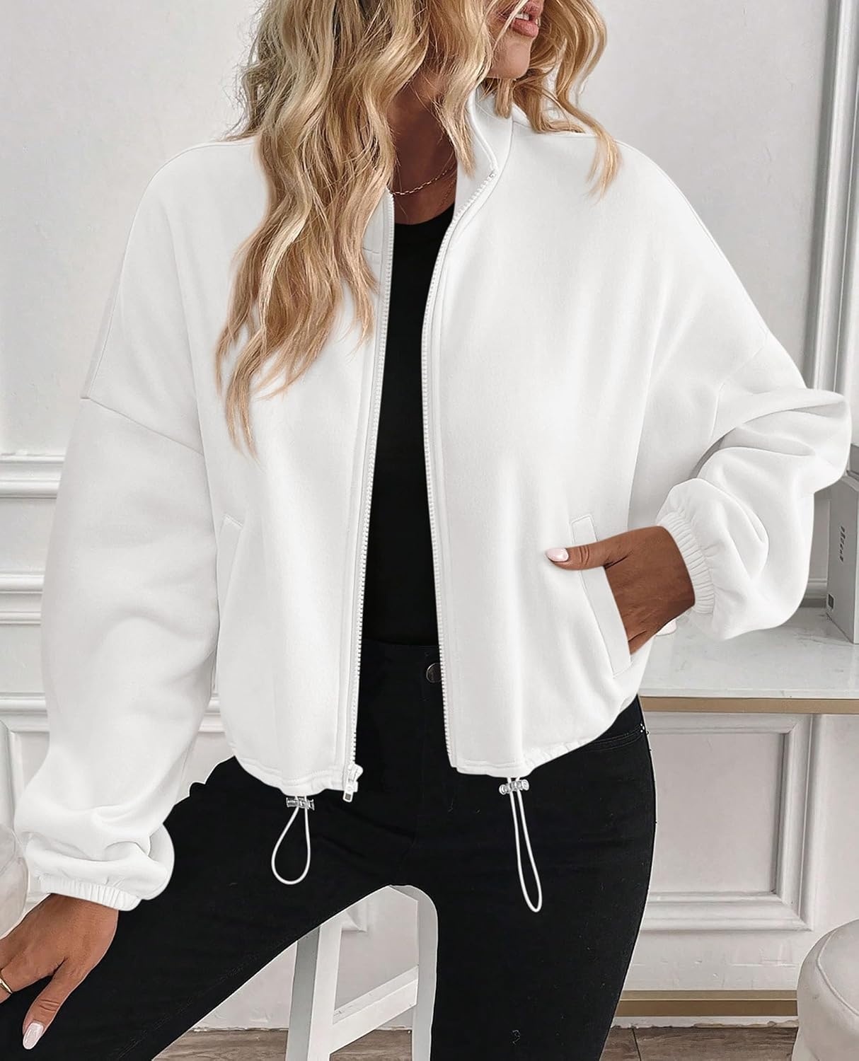 image:imagePRETTYGARDEN Womens Cropped Jacket Zip Up Fleece Sweatshirt Fall OutfitsWhite