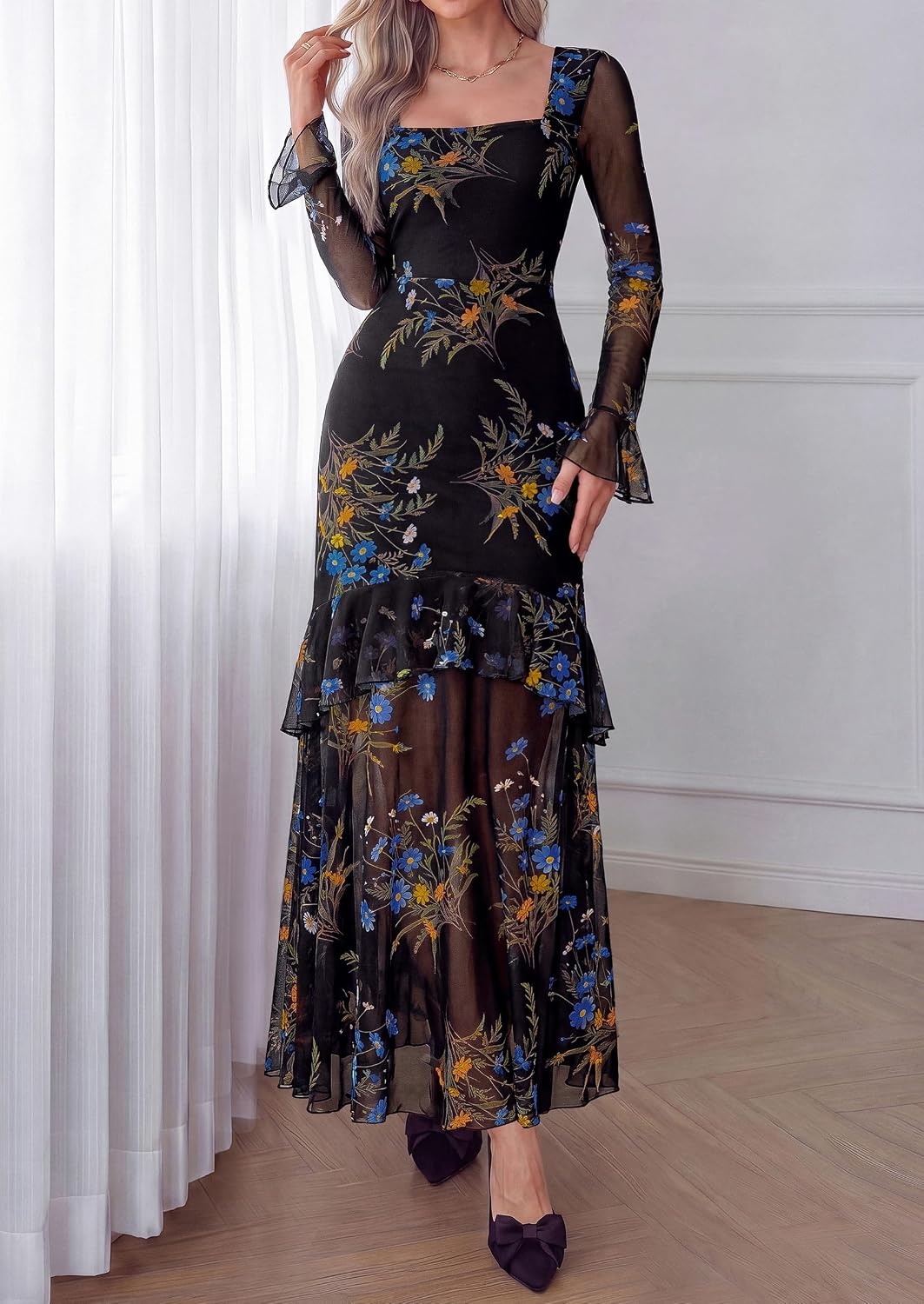 image:imagePRETTYGARDEN Womens Floral Long Sleeve Dress A Line Mesh Fall Maxi DressesBlack Blue Flower