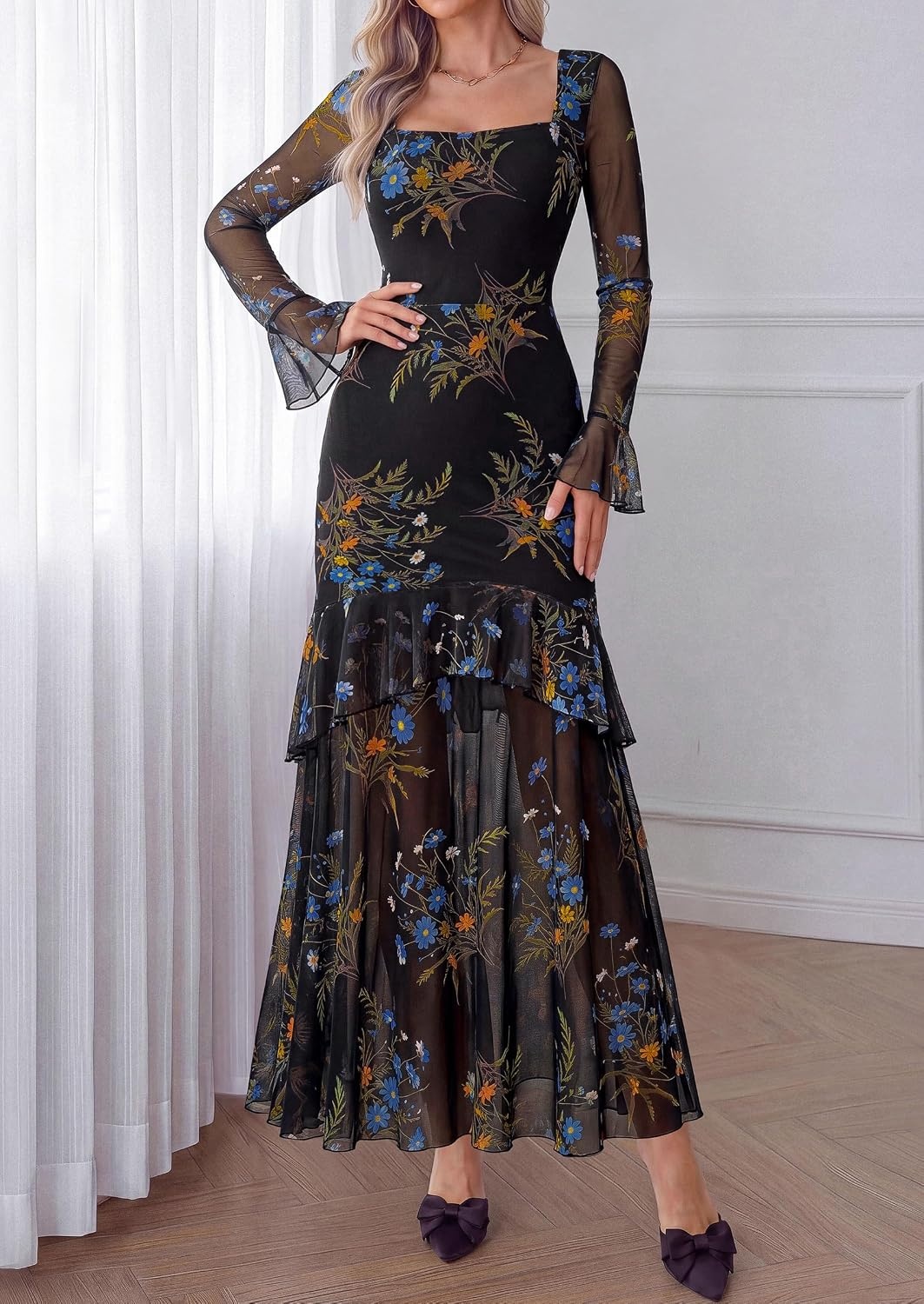 image:imagePRETTYGARDEN Womens Floral Long Sleeve Dress A Line Mesh Fall Maxi DressesBlack Blue Flower
