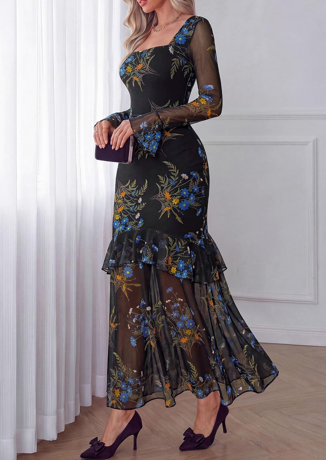 image:imagePRETTYGARDEN Womens Floral Long Sleeve Dress A Line Mesh Fall Maxi DressesBlack Blue Flower