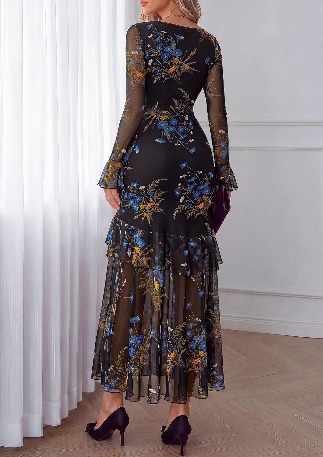 image:imagePRETTYGARDEN Womens Floral Long Sleeve Dress A Line Mesh Fall Maxi DressesBlack Blue Flower