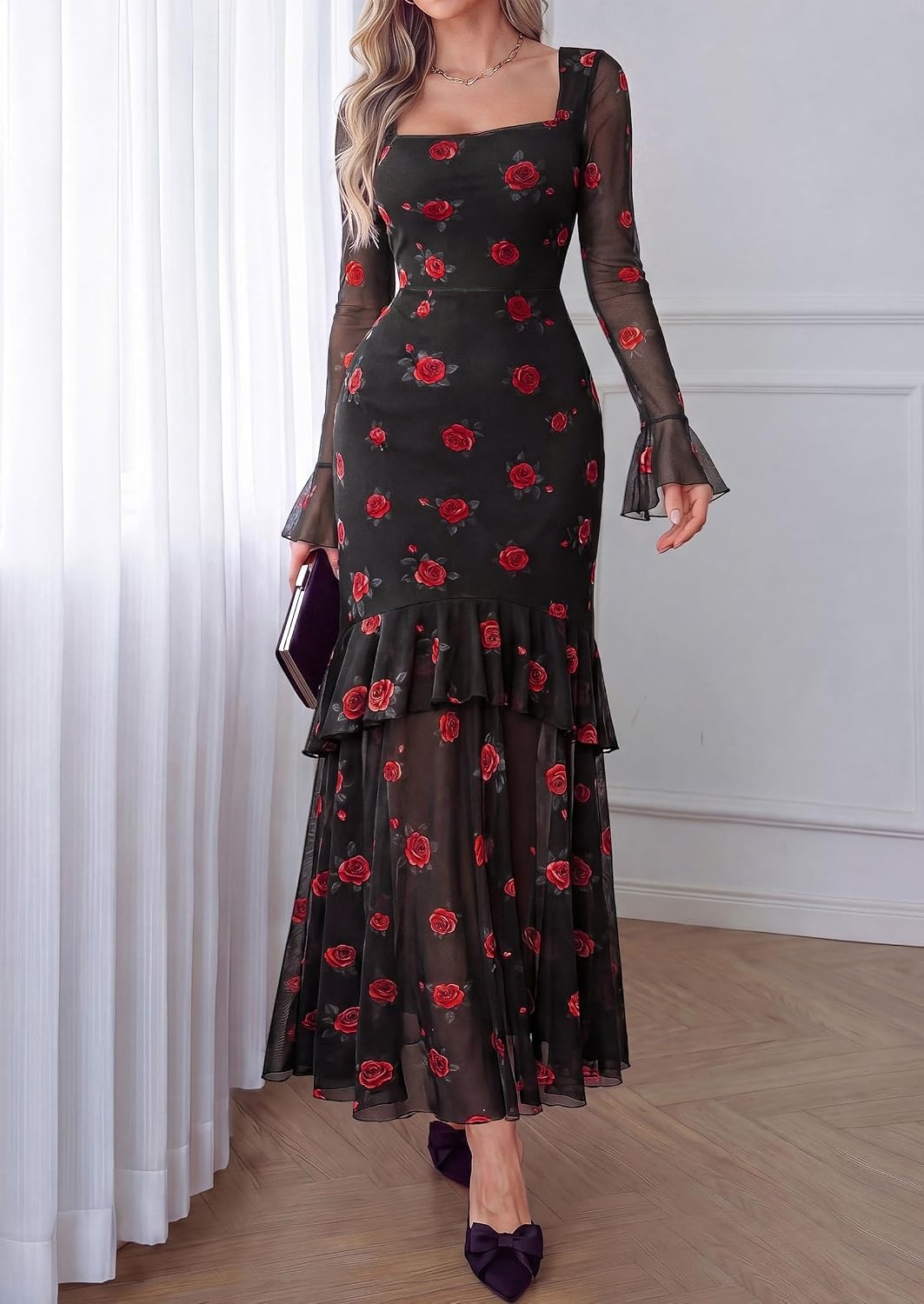 image:imagePRETTYGARDEN Womens Floral Long Sleeve Dress A Line Mesh Fall Maxi DressesBlack Red Flower