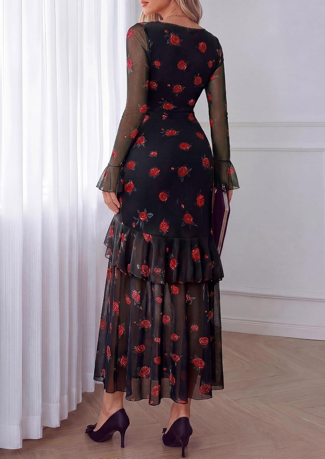 image:imagePRETTYGARDEN Womens Floral Long Sleeve Dress A Line Mesh Fall Maxi DressesBlack Red Flower