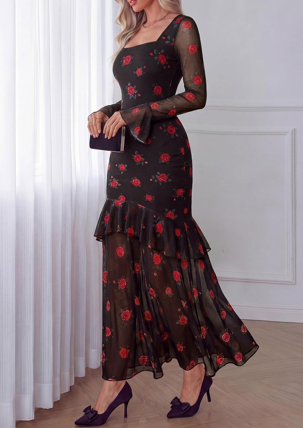 image:imagePRETTYGARDEN Womens Floral Long Sleeve Dress A Line Mesh Fall Maxi DressesBlack Red Flower