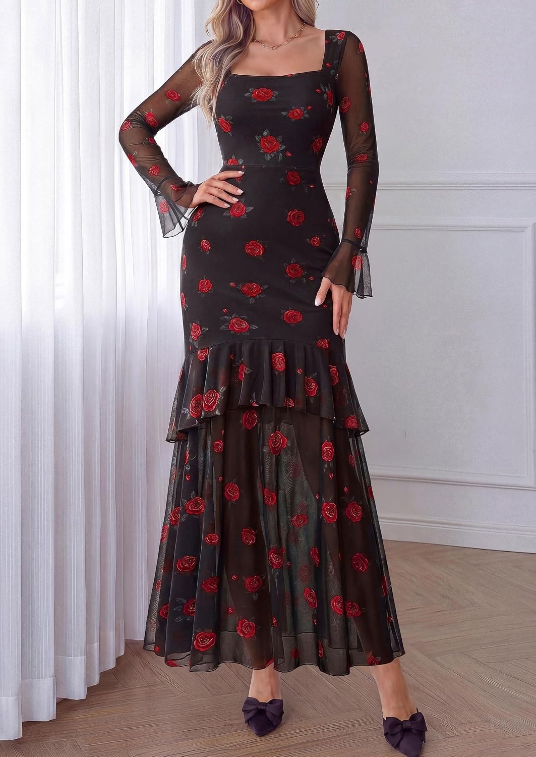 image:imagePRETTYGARDEN Womens Floral Long Sleeve Dress A Line Mesh Fall Maxi DressesBlack Red Flower