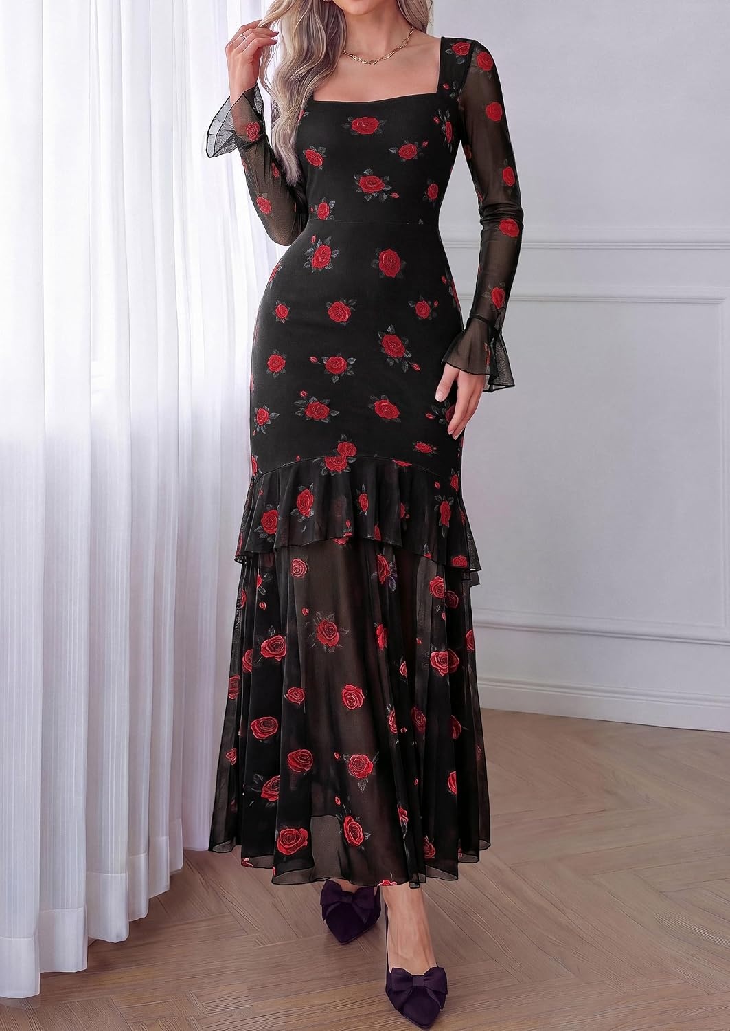 image:imagePRETTYGARDEN Womens Floral Long Sleeve Dress A Line Mesh Fall Maxi DressesBlack Red Flower