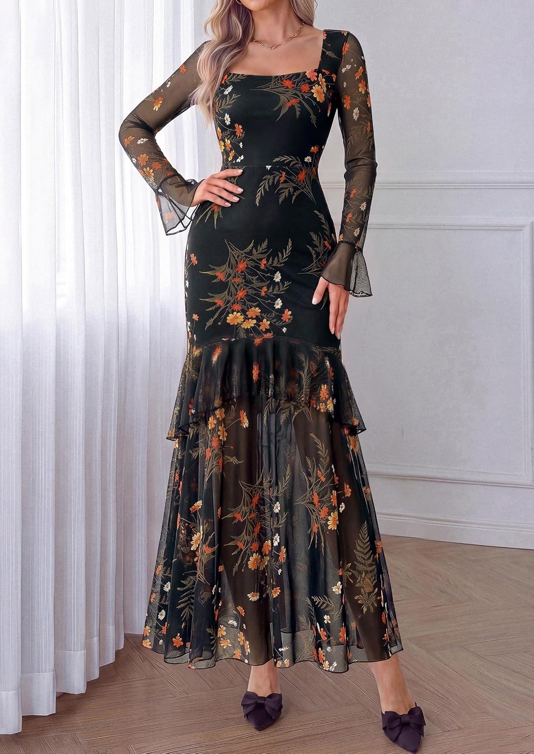 image:imagePRETTYGARDEN Womens Floral Long Sleeve Dress A Line Mesh Fall Maxi DressesBlack Yellow Flower