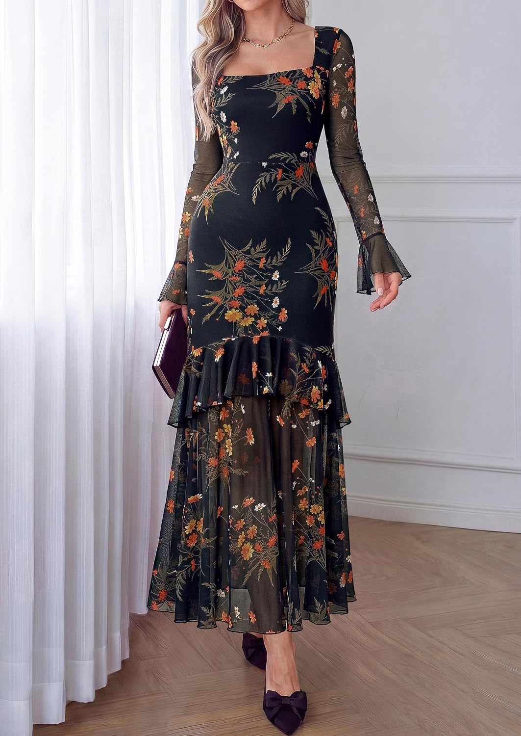 image:imagePRETTYGARDEN Womens Floral Long Sleeve Dress A Line Mesh Fall Maxi DressesBlack Yellow Flower