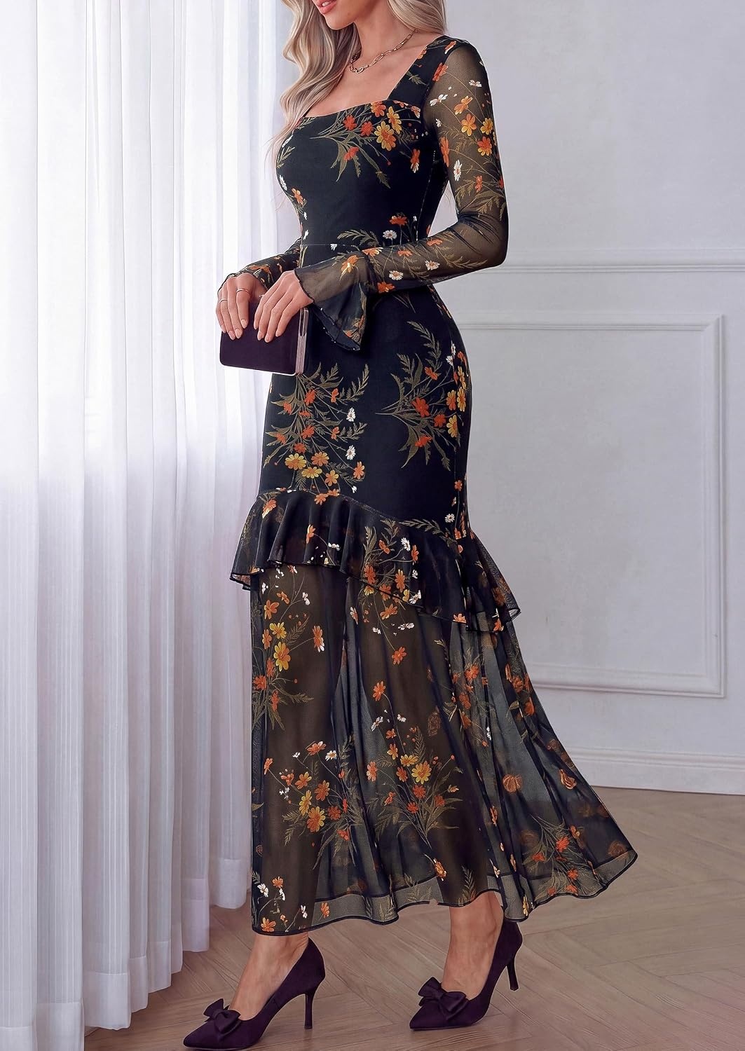 image:imagePRETTYGARDEN Womens Floral Long Sleeve Dress A Line Mesh Fall Maxi DressesBlack Yellow Flower