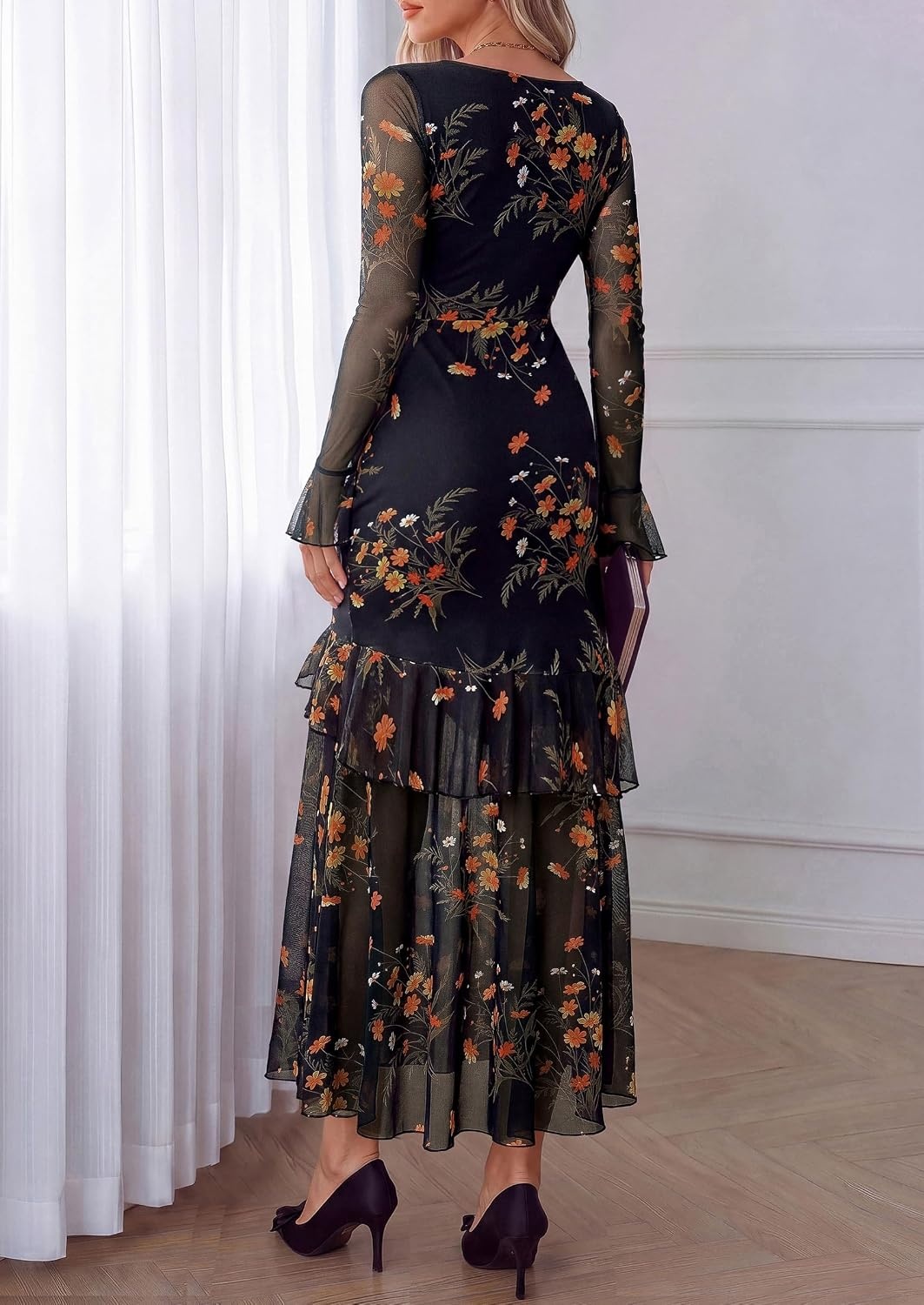 image:imagePRETTYGARDEN Womens Floral Long Sleeve Dress A Line Mesh Fall Maxi DressesBlack Yellow Flower