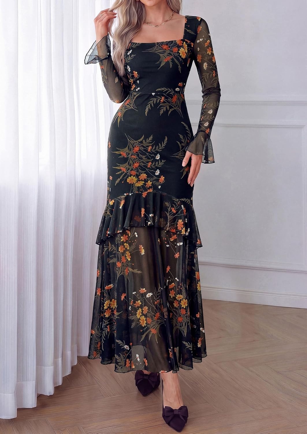 image:imagePRETTYGARDEN Womens Floral Long Sleeve Dress A Line Mesh Fall Maxi DressesBlack Yellow Flower