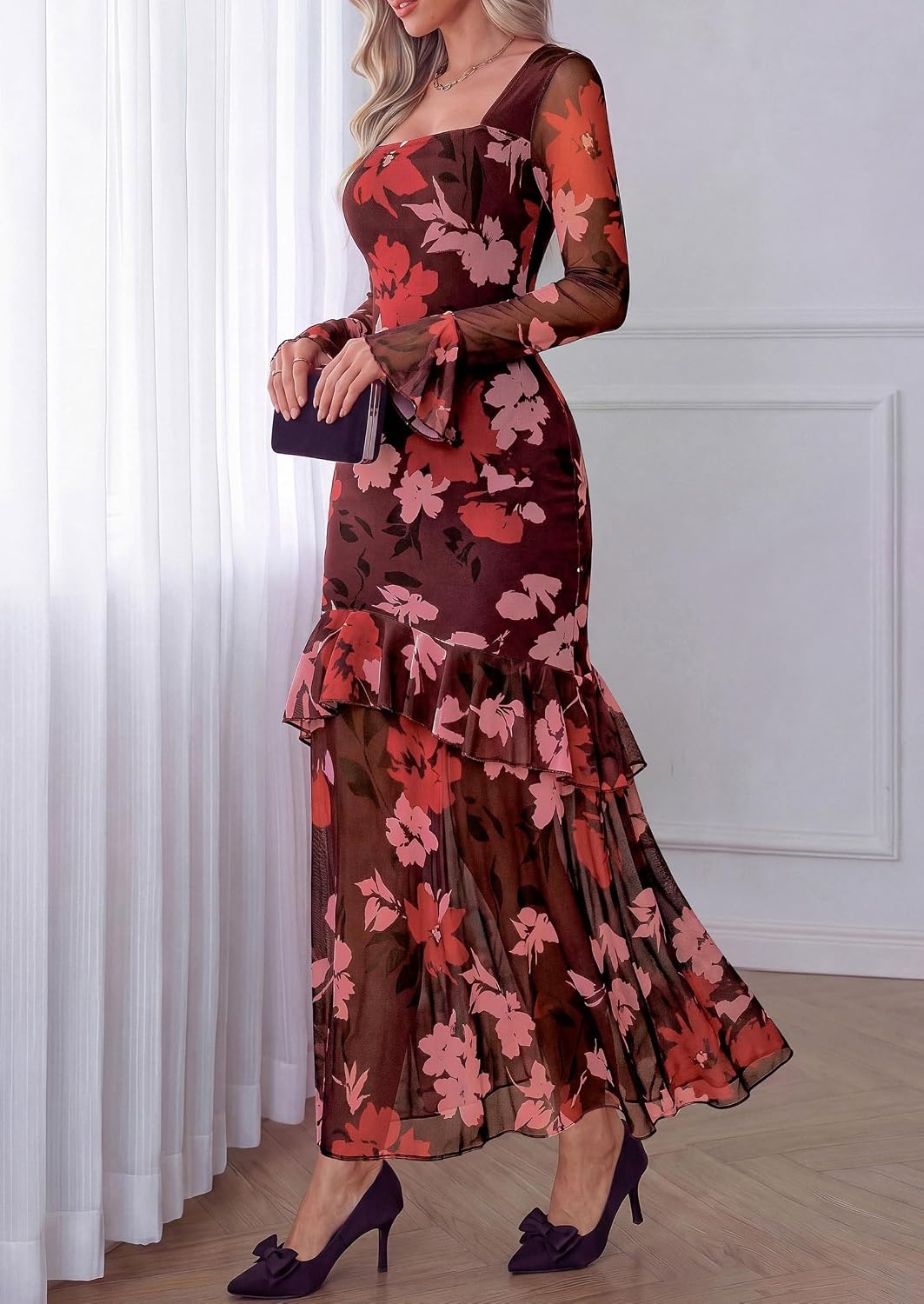 image:imagePRETTYGARDEN Womens Floral Long Sleeve Dress A Line Mesh Fall Maxi DressesFloral Brown Pink