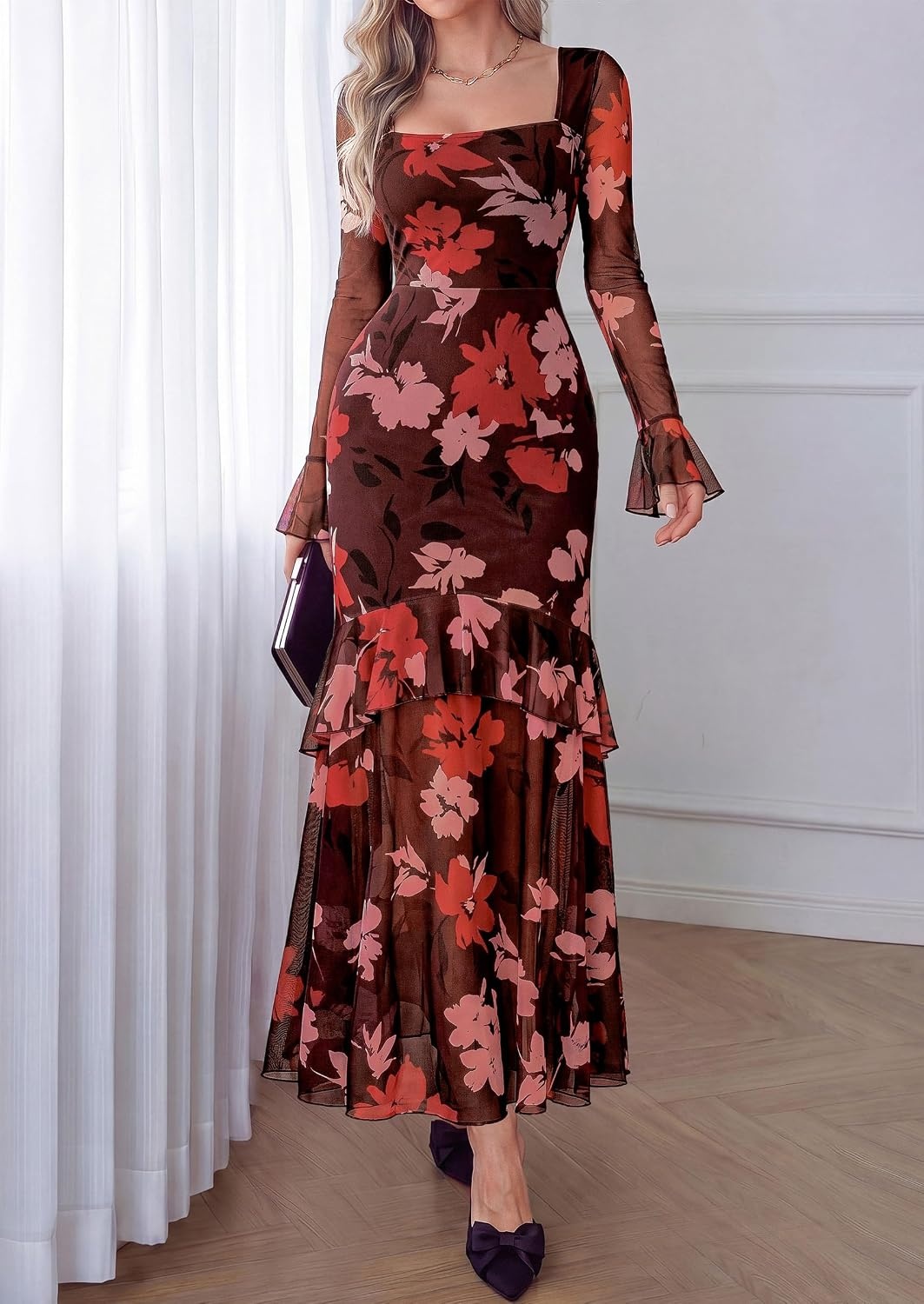 image:imagePRETTYGARDEN Womens Floral Long Sleeve Dress A Line Mesh Fall Maxi DressesFloral Brown Pink