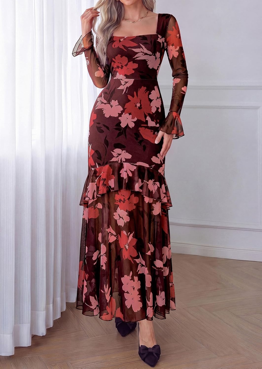 image:imagePRETTYGARDEN Womens Floral Long Sleeve Dress A Line Mesh Fall Maxi DressesFloral Brown Pink