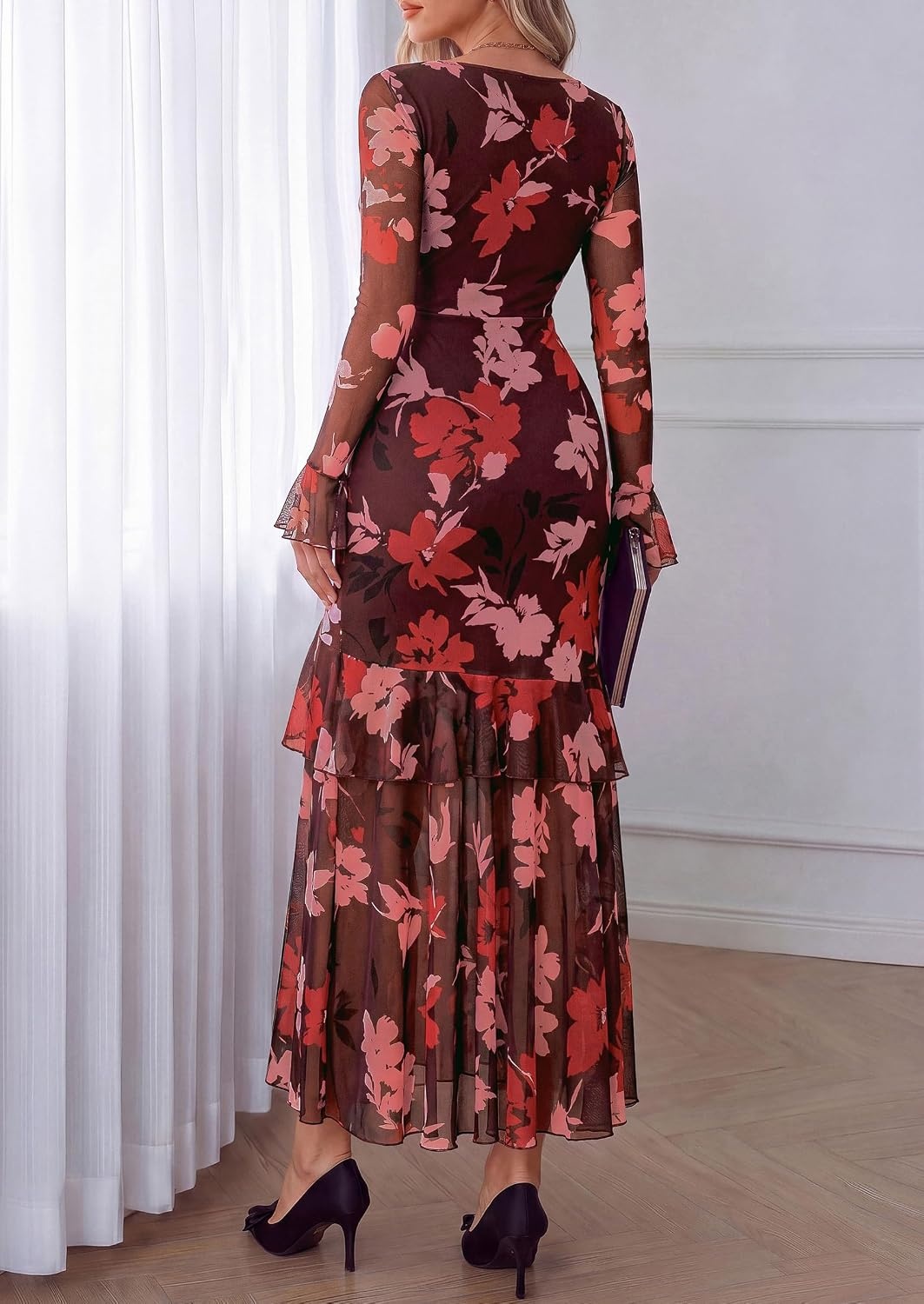 image:imagePRETTYGARDEN Womens Floral Long Sleeve Dress A Line Mesh Fall Maxi DressesFloral Brown Pink
