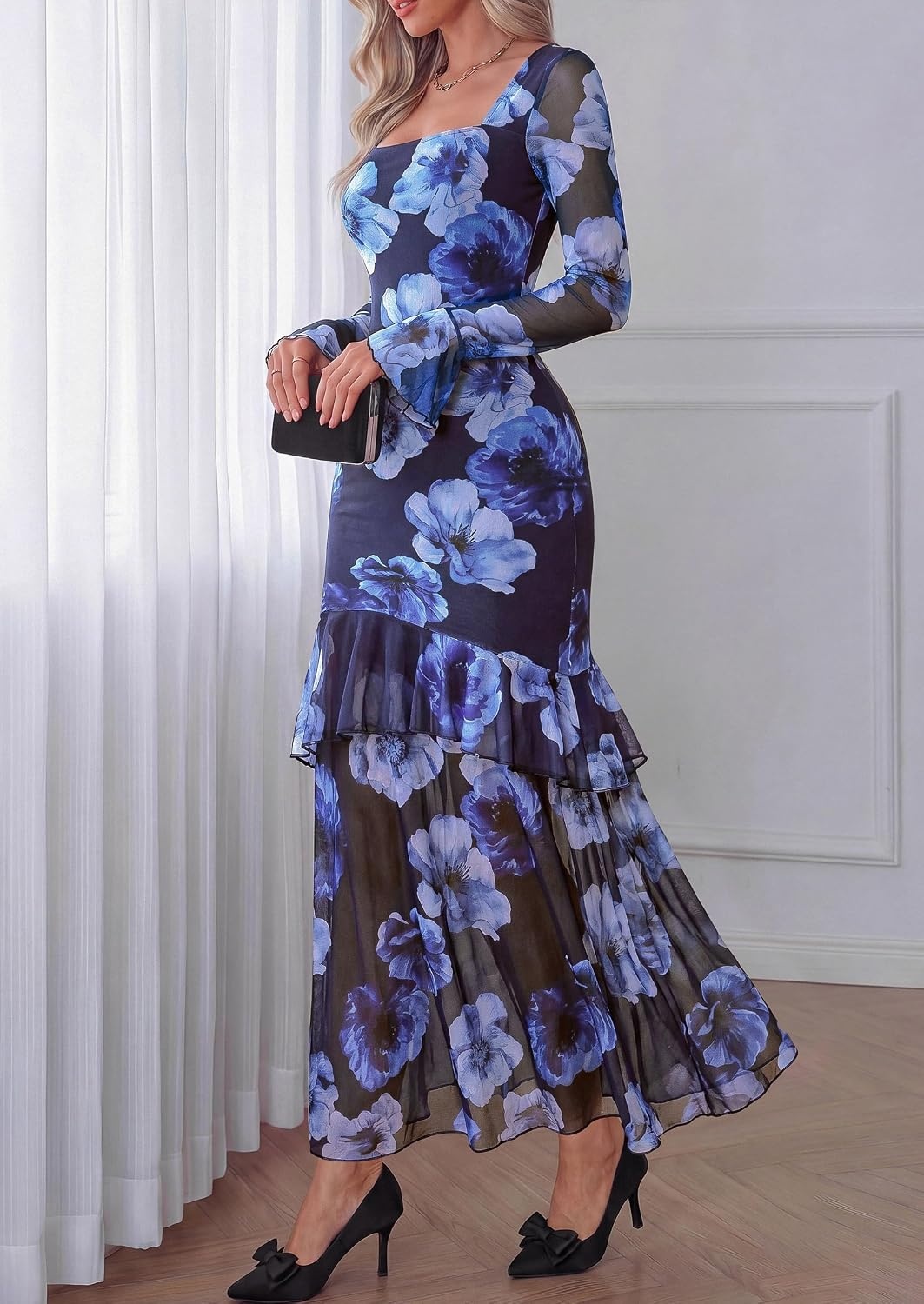 image:imagePRETTYGARDEN Womens Floral Long Sleeve Dress A Line Mesh Fall Maxi DressesFloral Navy Blue