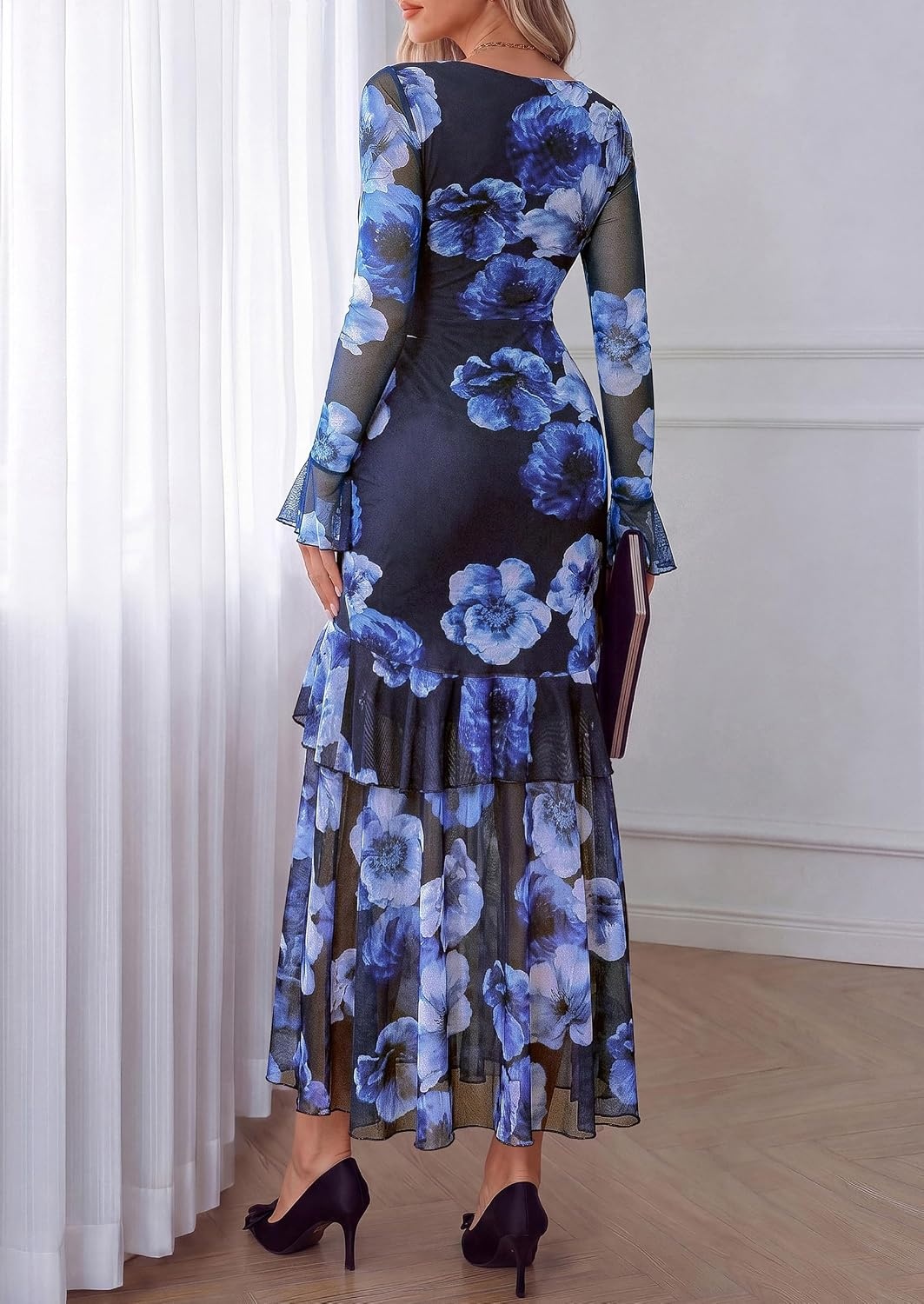 image:imagePRETTYGARDEN Womens Floral Long Sleeve Dress A Line Mesh Fall Maxi DressesFloral Navy Blue