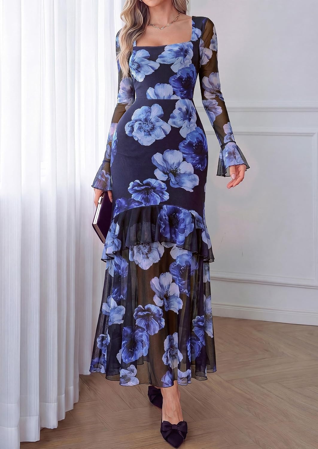image:imagePRETTYGARDEN Womens Floral Long Sleeve Dress A Line Mesh Fall Maxi DressesFloral Navy Blue