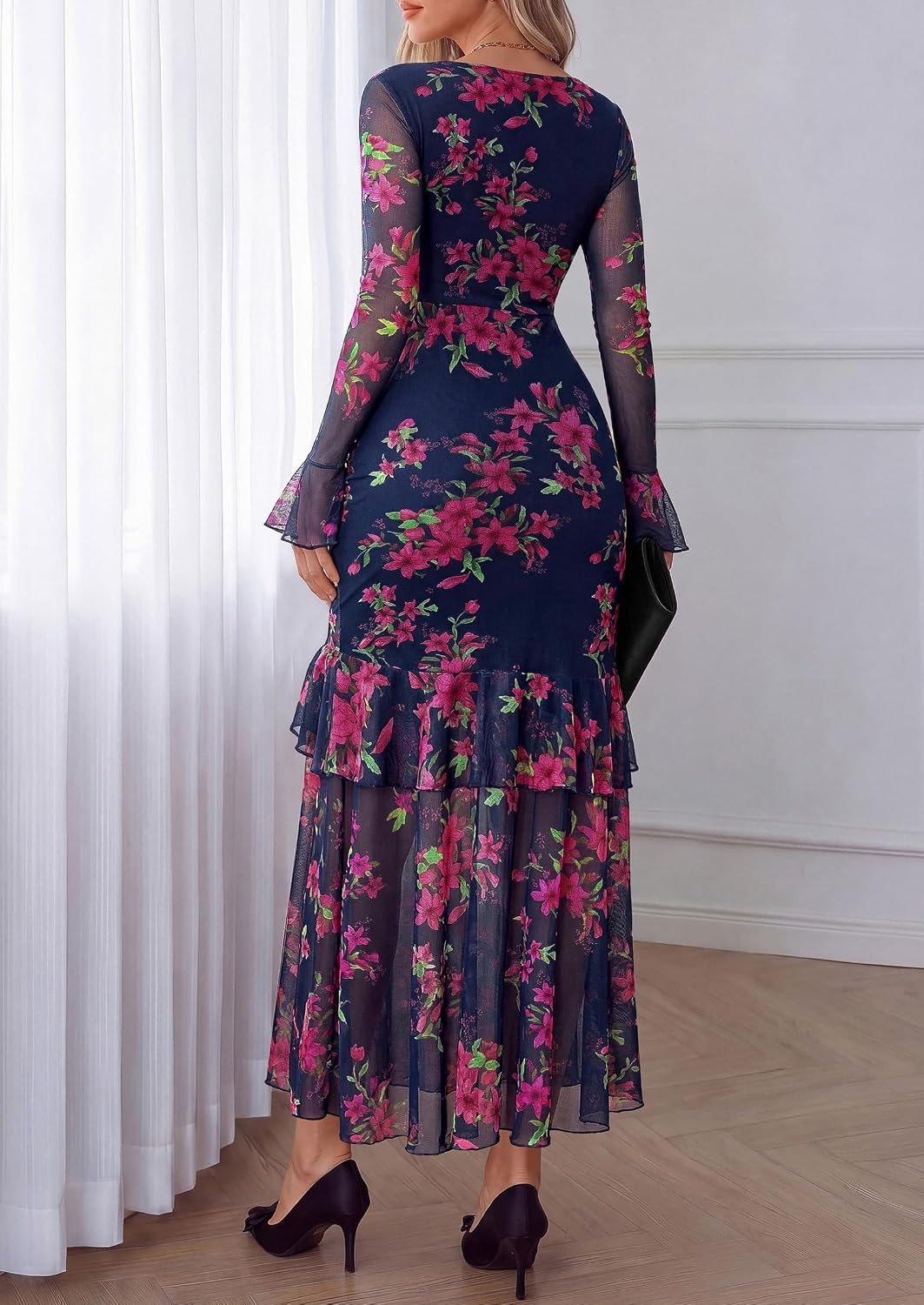image:imagePRETTYGARDEN Womens Floral Long Sleeve Dress A Line Mesh Fall Maxi DressesFloral Navy Pink