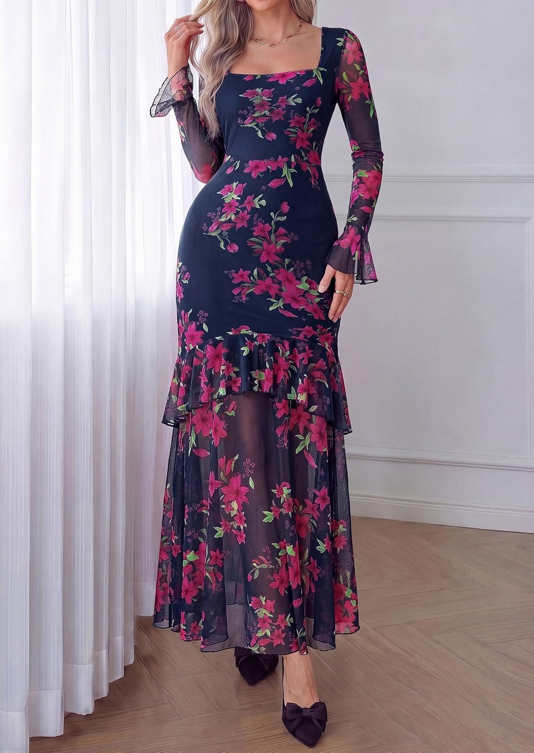 image:imagePRETTYGARDEN Womens Floral Long Sleeve Dress A Line Mesh Fall Maxi DressesFloral Navy Pink