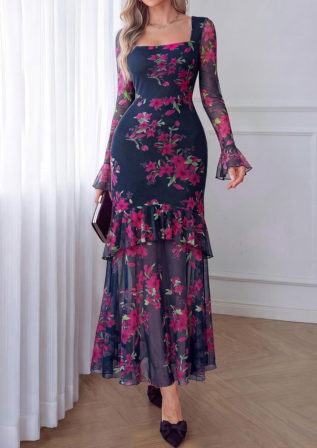 image:imagePRETTYGARDEN Womens Floral Long Sleeve Dress A Line Mesh Fall Maxi DressesFloral Navy Pink