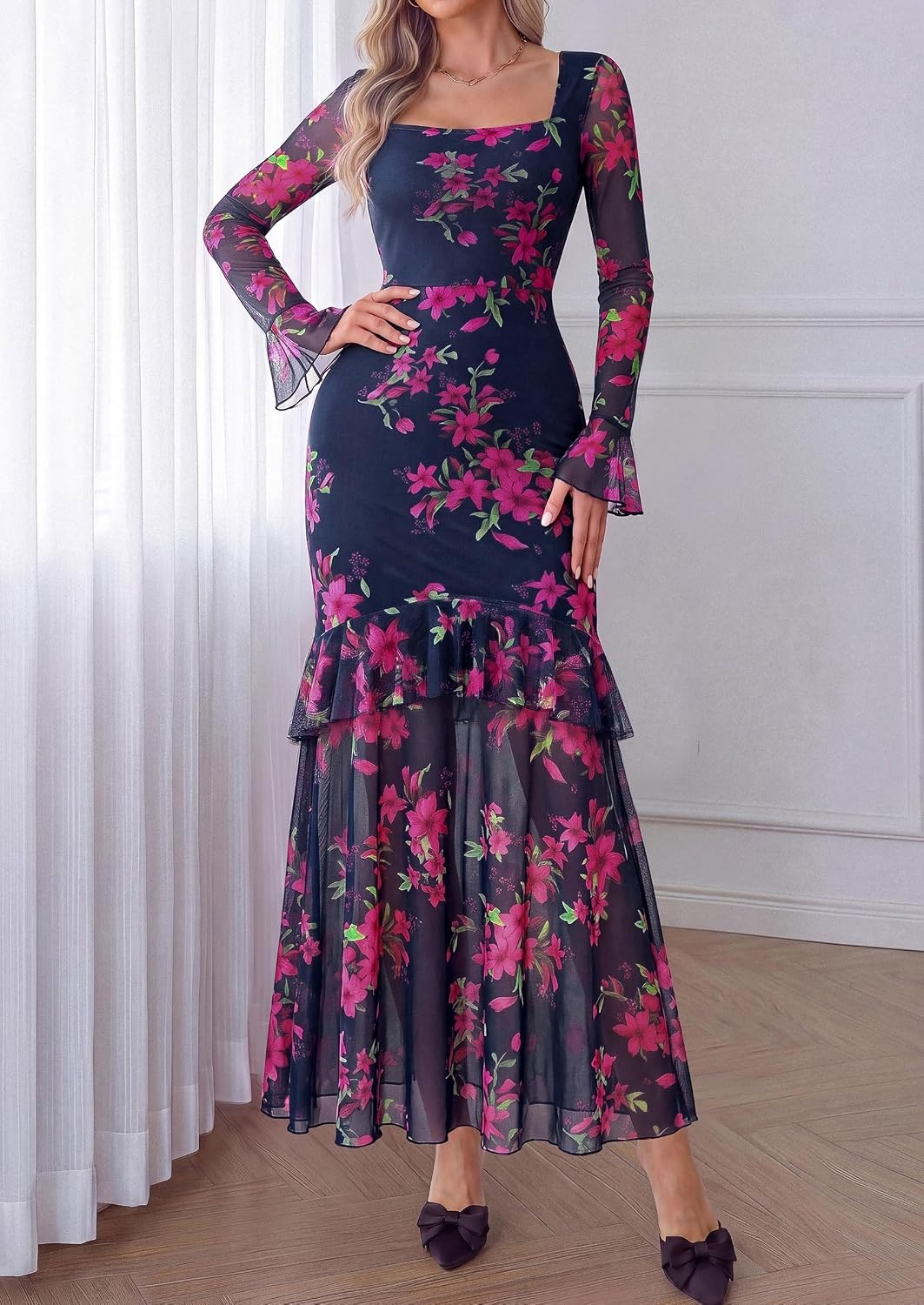 image:imagePRETTYGARDEN Womens Floral Long Sleeve Dress A Line Mesh Fall Maxi DressesFloral Navy Pink
