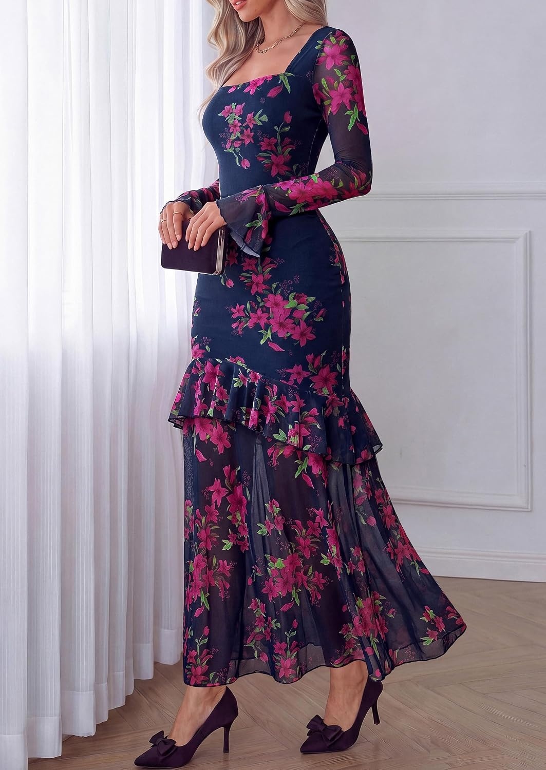 image:imagePRETTYGARDEN Womens Floral Long Sleeve Dress A Line Mesh Fall Maxi DressesFloral Navy Pink
