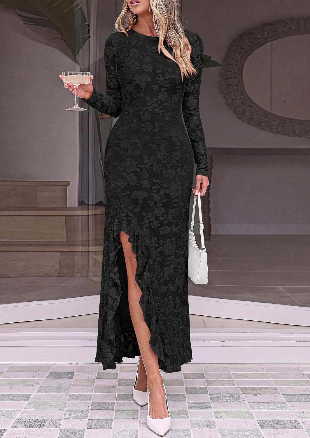 image:imagePRETTYGARDEN Womens Formal Maxi Floral Dresses with SlitBlack