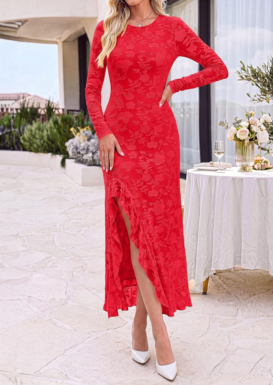 image:imagePRETTYGARDEN Womens Formal Maxi Floral Dresses with SlitRed