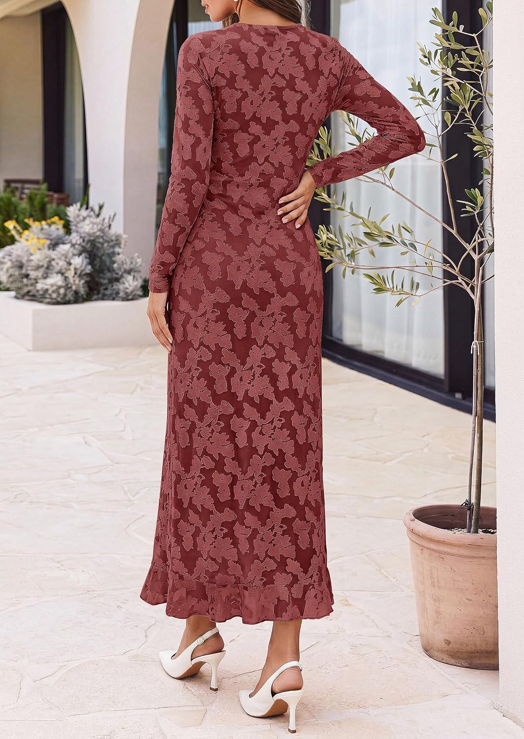 image:imagePRETTYGARDEN Womens Formal Maxi Floral Dresses with SlitRust Red