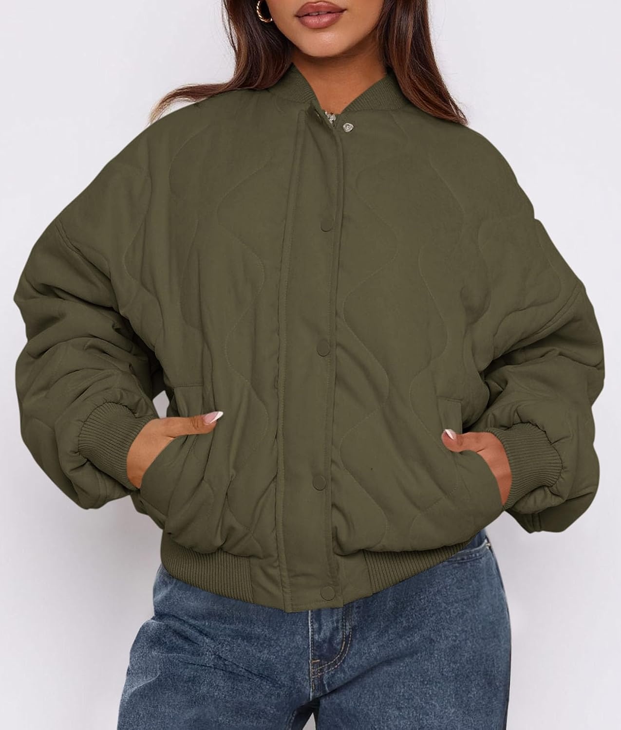 image:imagePRETTYGARDEN Womens Quilted Bomber Jackets Winter CoatsArmy Green