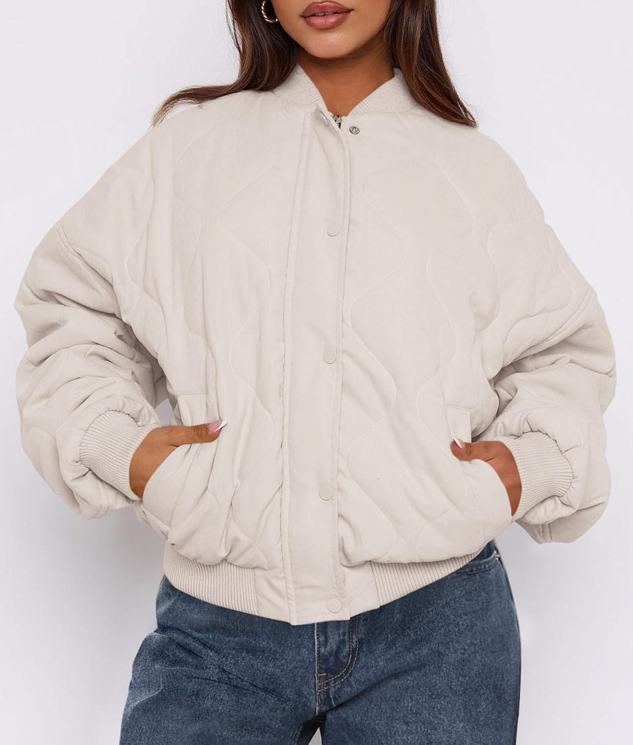 image:imagePRETTYGARDEN Womens Quilted Bomber Jackets Winter CoatsBeige