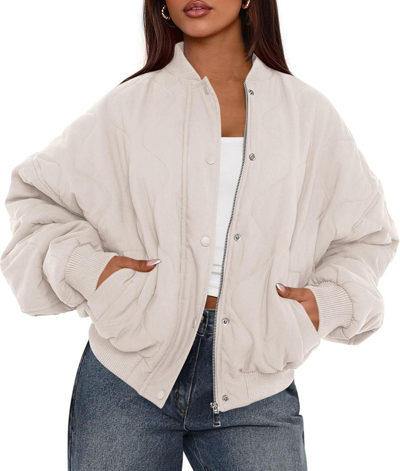 image:imagePRETTYGARDEN Womens Quilted Bomber Jackets Winter CoatsBeige