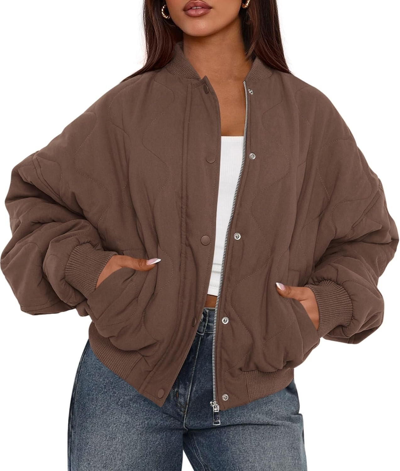 image:imagePRETTYGARDEN Womens Quilted Bomber Jackets Winter CoatsBrown
