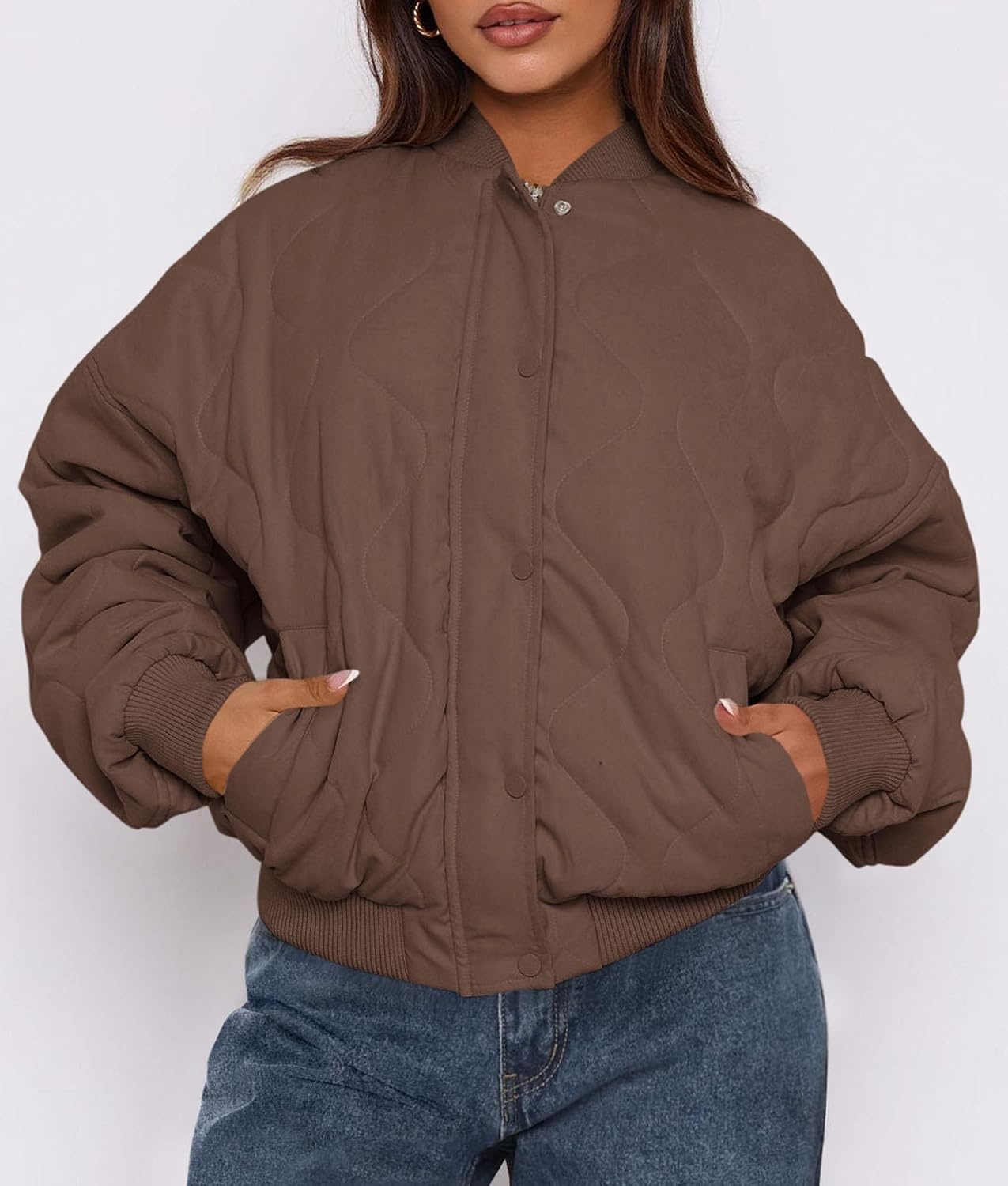 image:imagePRETTYGARDEN Womens Quilted Bomber Jackets Winter CoatsBrown