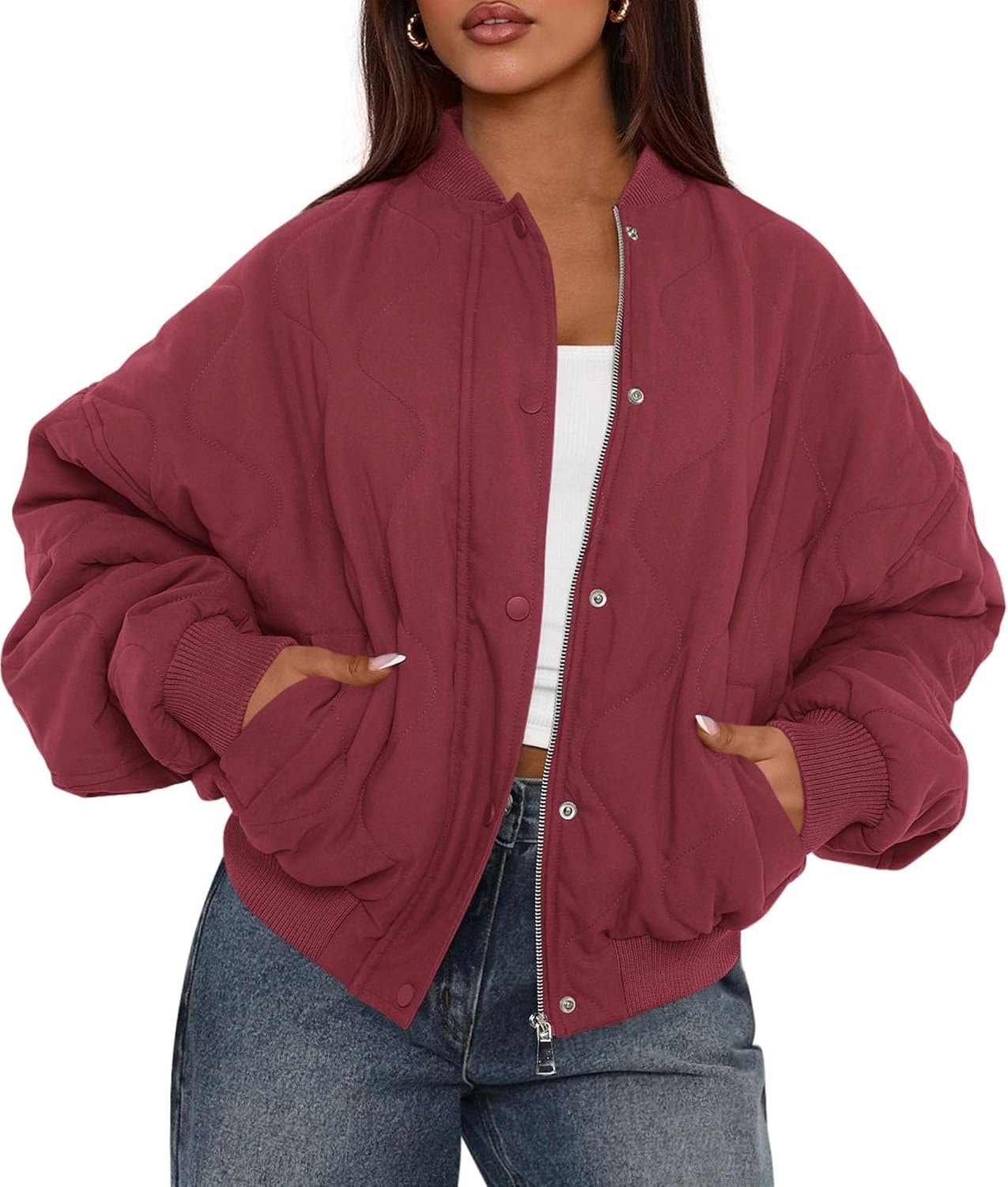 image:imagePRETTYGARDEN Womens Quilted Bomber Jackets Winter CoatsBurgundy