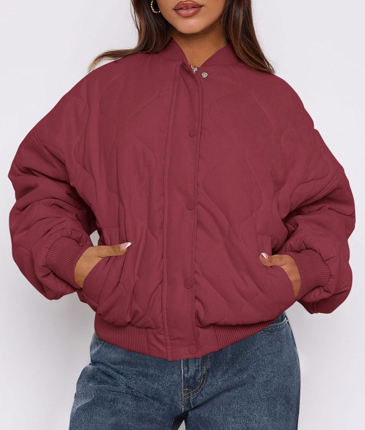 image:imagePRETTYGARDEN Womens Quilted Bomber Jackets Winter CoatsBurgundy