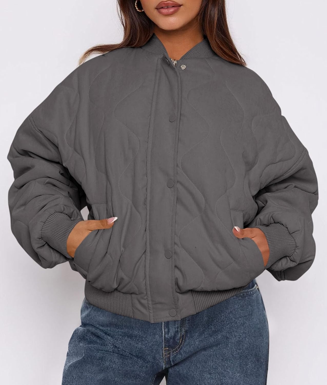 image:imagePRETTYGARDEN Womens Quilted Bomber Jackets Winter CoatsDark Grey
