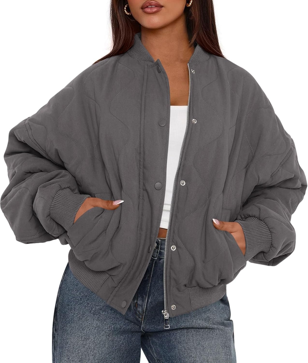 image:imagePRETTYGARDEN Womens Quilted Bomber Jackets Winter CoatsDark Grey