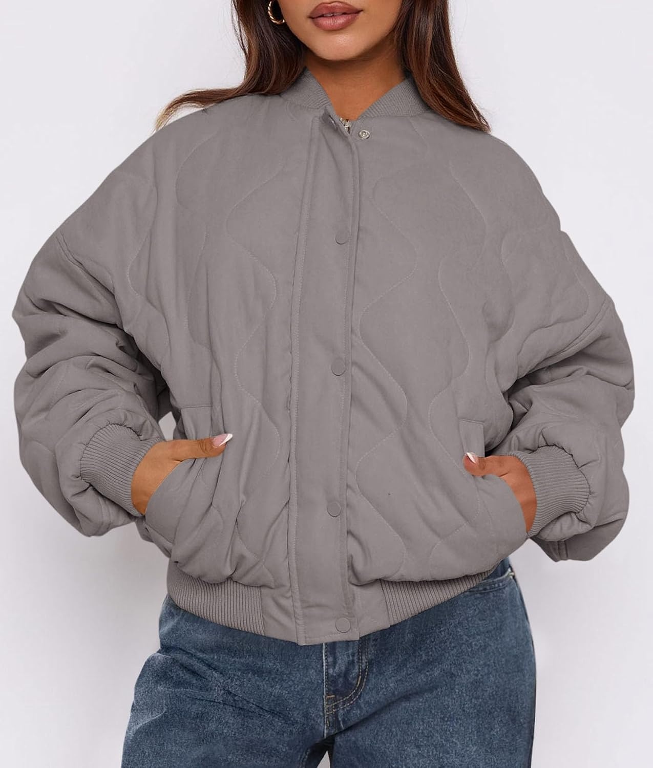 image:imagePRETTYGARDEN Womens Quilted Bomber Jackets Winter CoatsGrey