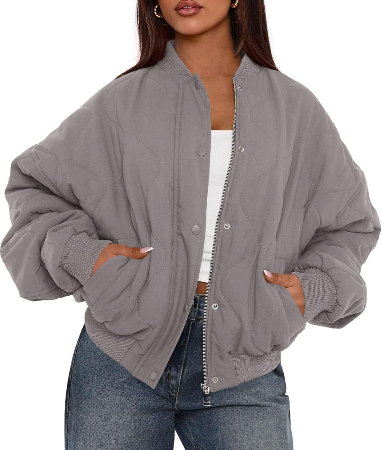 image:imagePRETTYGARDEN Womens Quilted Bomber Jackets Winter CoatsGrey