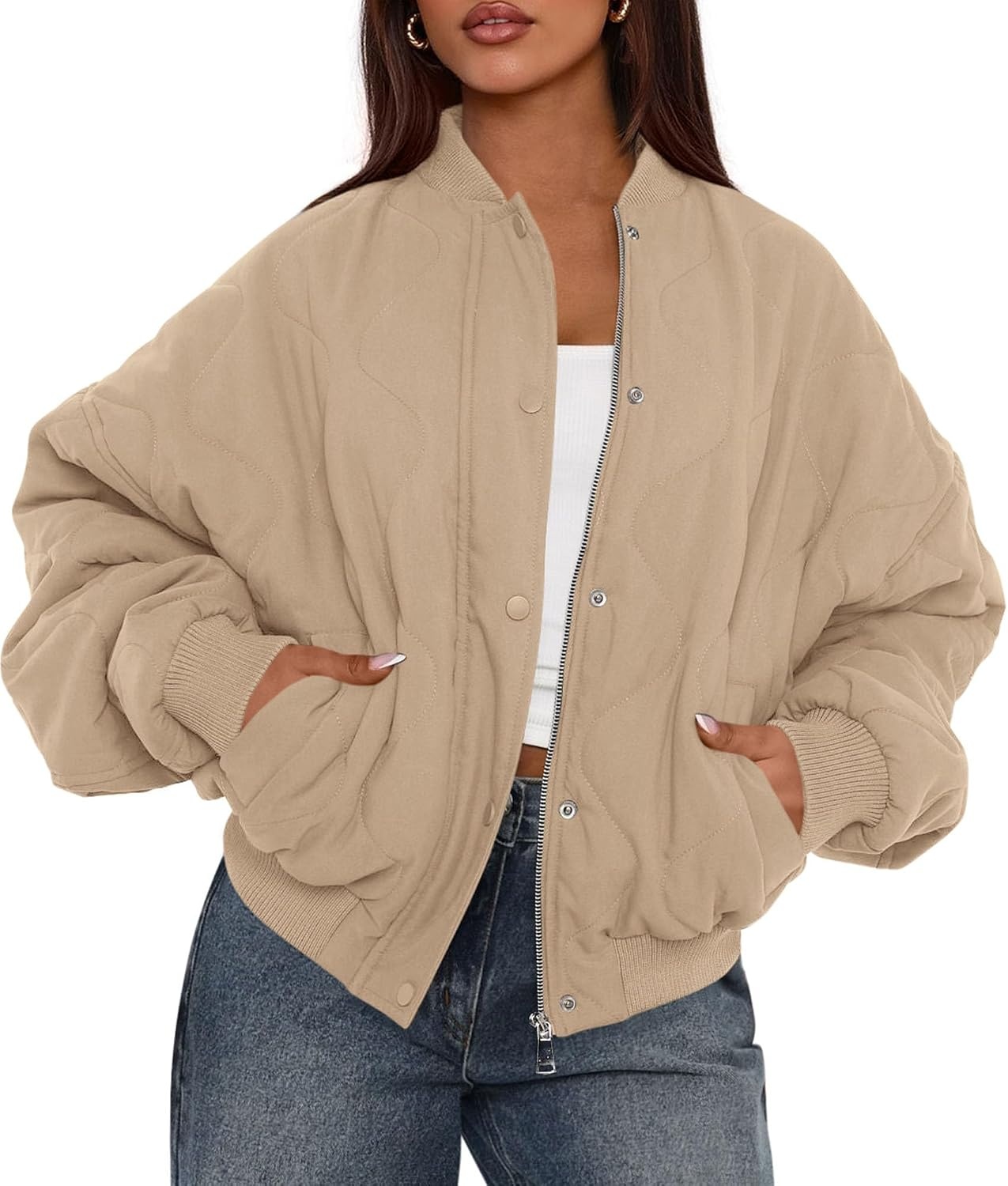 image:imagePRETTYGARDEN Womens Quilted Bomber Jackets Winter CoatsKhaki